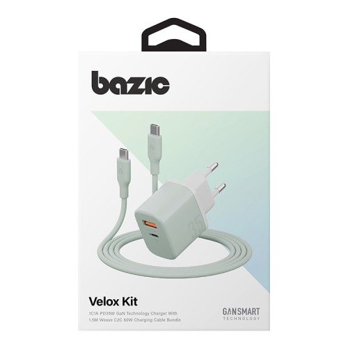 Energea СЗУ Bazic GoPort Velox Kit GaN35, USB-C+USB-A +кабель Weave USB-C to C 1.5m Pistachio