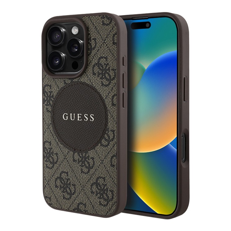 Guess для iPhone 16 Pro Max чехол PU 4G with Round Patch Metal logo Hard Brown (MagSafe)