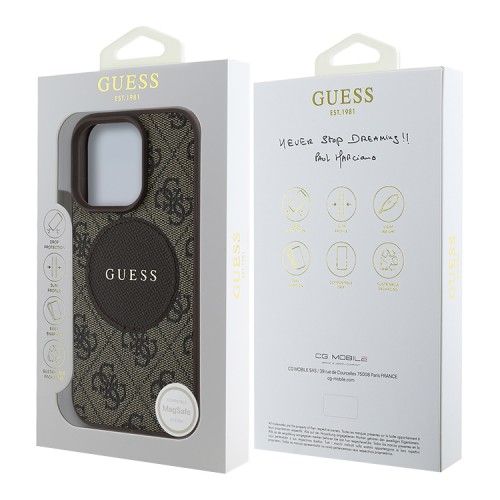 Guess для iPhone 16 Pro Max чехол PU 4G with Round Patch Metal logo Hard Brown (MagSafe)