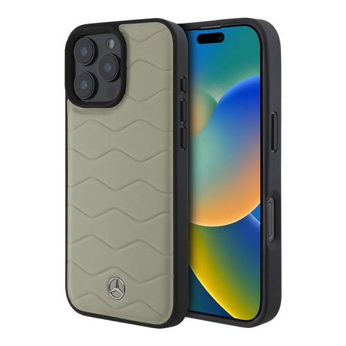 Mercedes для iPhone 16 Pro Max чехол Leather Waves Metal logo Hard Beige