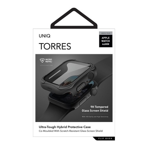 Uniq чехол Torres 9H glass Anti-microbial для Apple Watch 44 мм, черный