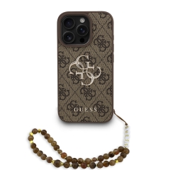 Guess для iPhone 16 Pro Max чехол PU 4G Big metal logo Hard + Pearl Hand Strap Brown