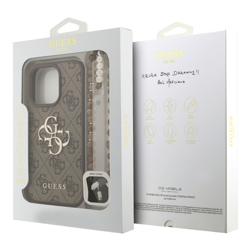 Guess для iPhone 16 Pro Max чехол PU 4G Big metal logo Hard + Pearl Hand Strap Brown
