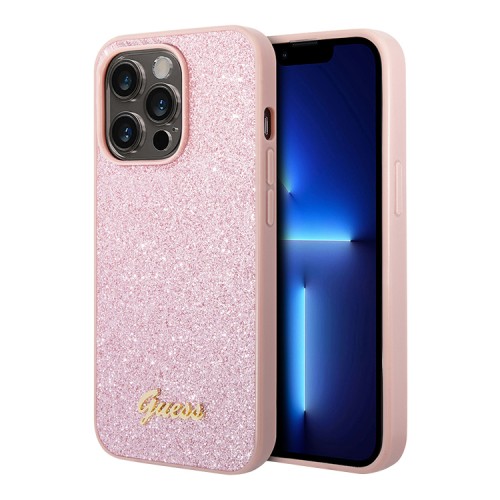 Чехол Guess Glitter flakes w Metal logo Hard для iPhone 14 Pro Max, розовый