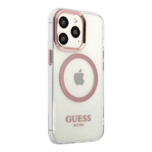 Чехол Guess Metal outline Hard для iPhone 13 Pro, прозрачный/розовый (MagSafe)