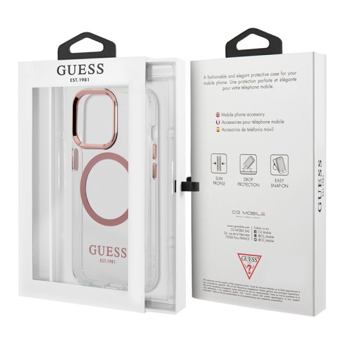 Чехол Guess Metal outline Hard для iPhone 13 Pro, прозрачный/розовый (MagSafe)