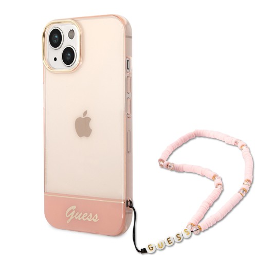 Чехол Guess Translucent Electoplated camera Hard +hand Strap для iPhone 14, розовый