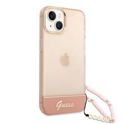 Чехол Guess Translucent Electoplated camera Hard +hand Strap для iPhone 14, розовый
