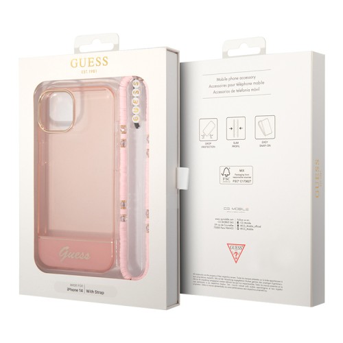 Чехол Guess Translucent Electoplated camera Hard +hand Strap для iPhone 14, розовый