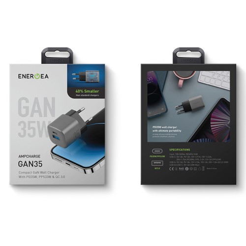 EnergEA СЗУ Ampcharge GaN35, USB-C PD35 + USB-A QC30 total 35W Gunmetal