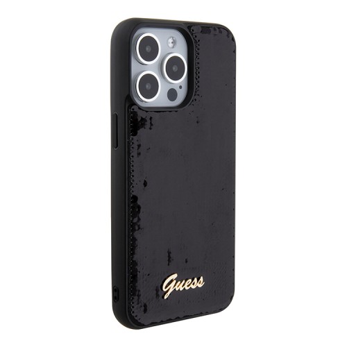 Guess для iPhone 15 Pro чехол Sequins Script metal logo Hard Black