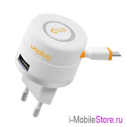 Сетевое зарядное устройство Unplug mini USB рулетка + 1USB, (1A)