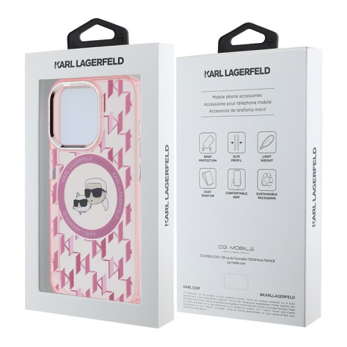 Karl Lagerfeld для iPhone 15 Pro чехол PC/TPU Monogram NFT Karl & Choup Metal Camera Hard Pink (MagSafe)