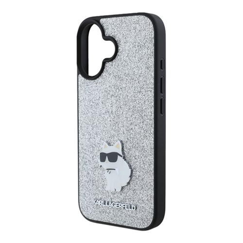 Karl Lagerfeld для iPhone 16 чехол Fixed glitters NFT Choupette метал.значок, серебристый