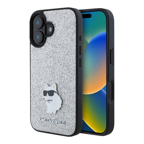 Karl Lagerfeld для iPhone 16 чехол Fixed glitters NFT Choupette метал.значок, серебристый