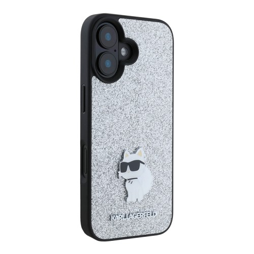 Karl Lagerfeld для iPhone 16 чехол Fixed glitters NFT Choupette метал.значок, серебристый