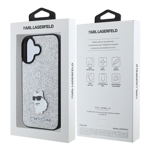 Karl Lagerfeld для iPhone 16 чехол Fixed glitters NFT Choupette метал.значок, серебристый