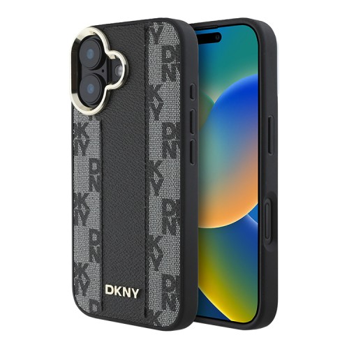 DKNY для iPhone 16 чехол PU Checkered Metal logo Hard Black (MagSafe)