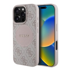 Guess для iPhone 16 Pro Max чехол PU 4G with Round Patch Metal logo Hard Pink (MagSafe)