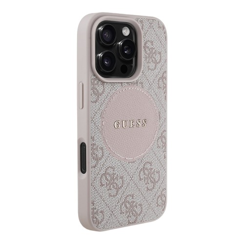 Guess для iPhone 16 Pro Max чехол PU 4G with Round Patch Metal logo Hard Pink (MagSafe)