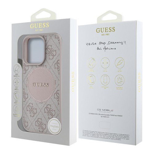 Guess для iPhone 16 Pro Max чехол PU 4G with Round Patch Metal logo Hard Pink (MagSafe)