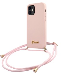 Чехол Guess Liquid Silicone Gold Metal logo +Cord для iPhone 12 mini, розовый