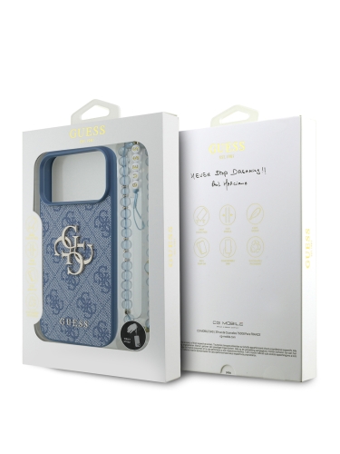 Guess для iPhone 17 Pro Max чехол PU 4G Big metal logo Hard + Pearl Hand Strap Blue