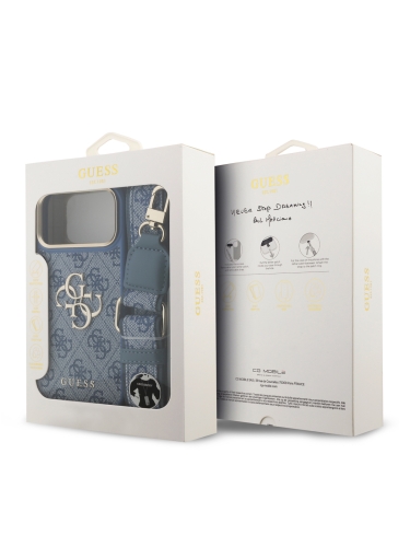Guess для iPhone 17 Pro Max чехол Crossbody PU 4G Big metal logo Gold camera Hard + Strap Blue