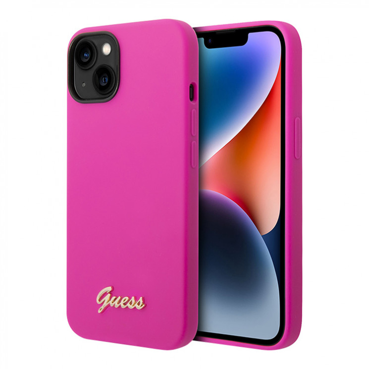 Чехол Guess Liquid Silicone Gold Metal logo для iPhone 14, фуксия