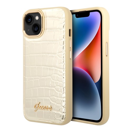 Чехол Guess PU Croco metal logo Hard для iPhone 14, золотой