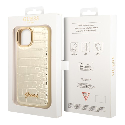 Чехол Guess PU Croco metal logo Hard для iPhone 14, золотой