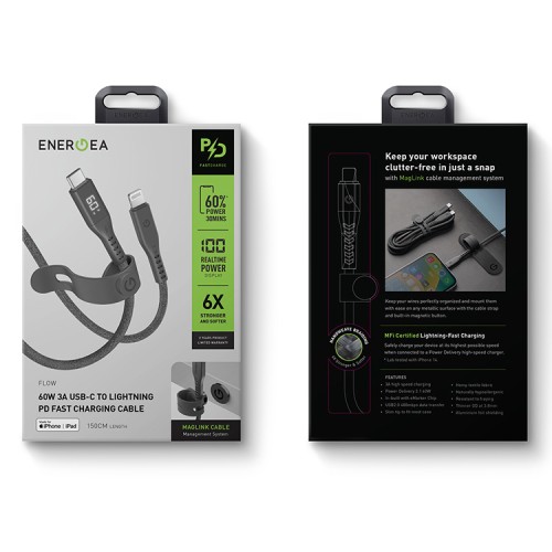 EnergEA Кабель FLOW USB-C to Lightning MFI C94 PD60W 3A DISPLAY Nanoweave Magnetic tie Black 1.5m