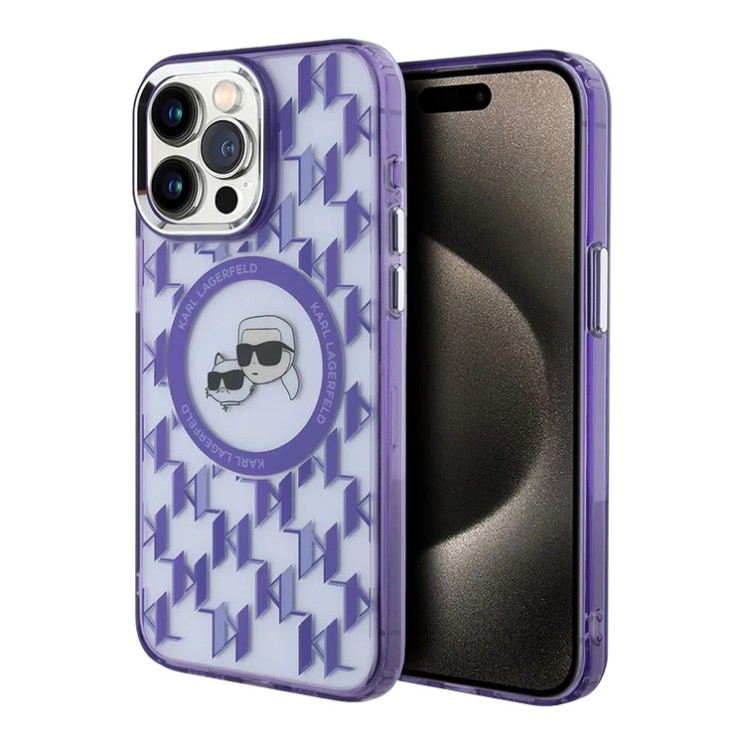 Karl Lagerfeld для iPhone 15 Pro чехол PC/TPU Monogram NFT Karl & Choup Metal Camera Hard Purple (MagSafe)