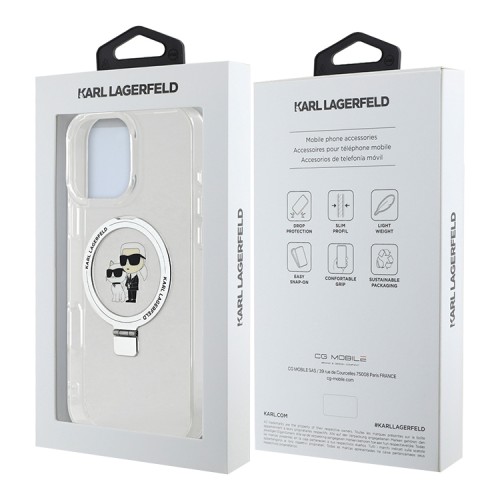 Karl Lagerfeld для iPhone 16 Pro чехол PC/TPU + Ring stand NFT Karl & Choupette Hard Transparent (MagSafe)