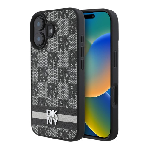 DKNY для iPhone 16 чехол PU Checkered Printed stripes Metal logo Hard Black