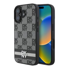 DKNY для iPhone 16 чехол PU Checkered Printed stripes Metal logo Hard Black