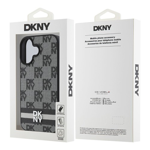 DKNY для iPhone 16 чехол PU Checkered Printed stripes Metal logo Hard Black
