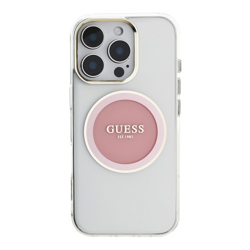 Guess для iPhone 16 Pro чехол PC/TPU Middle Colored Ring Metal Cam Hard Transp/Pink (MagSafe)