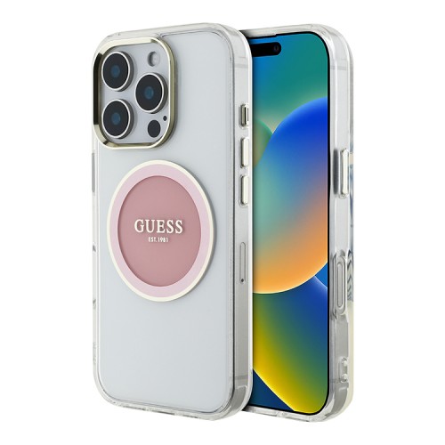Guess для iPhone 16 Pro чехол PC/TPU Middle Colored Ring Metal Cam Hard Transp/Pink (MagSafe)