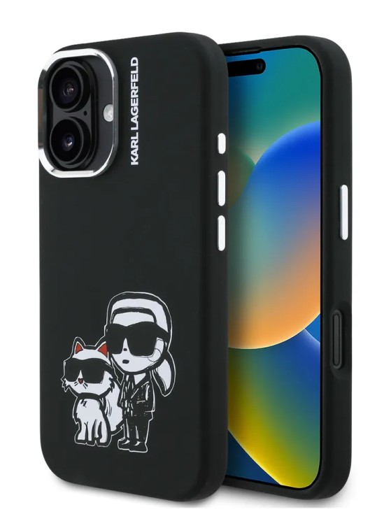 Karl Lagerfeld для iPhone 16 чехол Liquid Silicone Sketch Karl&Choupette Black (MagSafe)