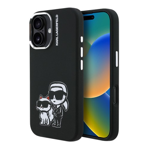 Karl Lagerfeld для iPhone 16 чехол Liquid Silicone Sketch Karl&Choupette Black (MagSafe)
