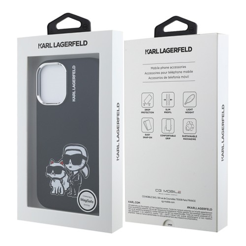 Karl Lagerfeld для iPhone 16 чехол Liquid Silicone Sketch Karl&Choupette Black (MagSafe)