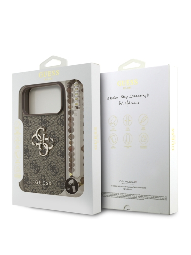 Guess для iPhone 17 Pro Max чехол PU 4G Big metal logo Hard + Pearl Hand Strap Brown