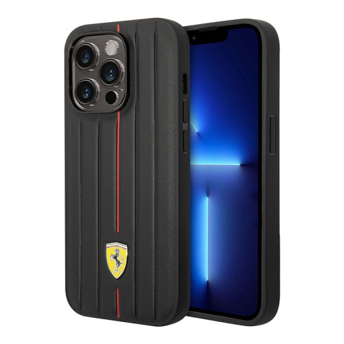 Кожаный чехол Ferrari Leather Embossed stripes Hard для iPhone 14 Pro, черный