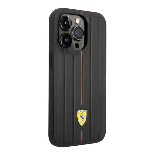 Кожаный чехол Ferrari Leather Embossed stripes Hard для iPhone 14 Pro, черный