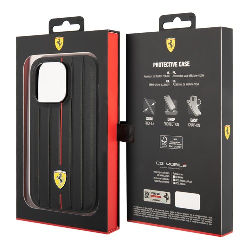 Кожаный чехол Ferrari Leather Embossed stripes Hard для iPhone 14 Pro, черный