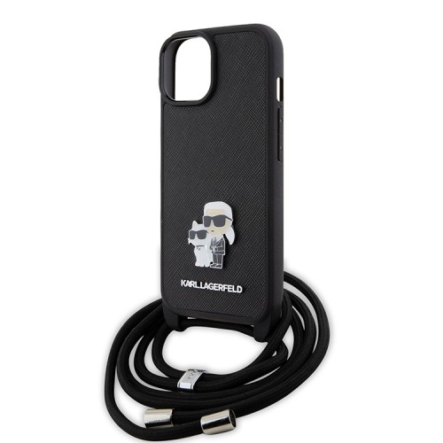 Lagerfeld для iPhone 15 чехол Crossbody PU Saffiano NFT Karl & Choupette Metal Hard Black