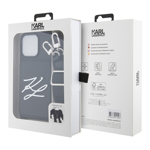 Karl Lagerfeld для iPhone 15 Pro чехол Crossbody cardslot PU Saffiano Autograph Hard Black