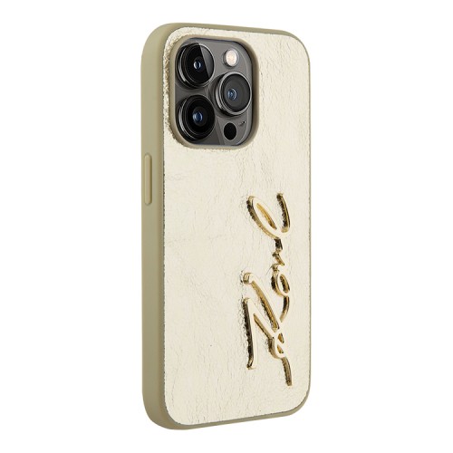 Karl Lagerfeld для iPhone 15 Pro чехол PU Wrinkled Signature Metal logo & Camera frame Hard Gold