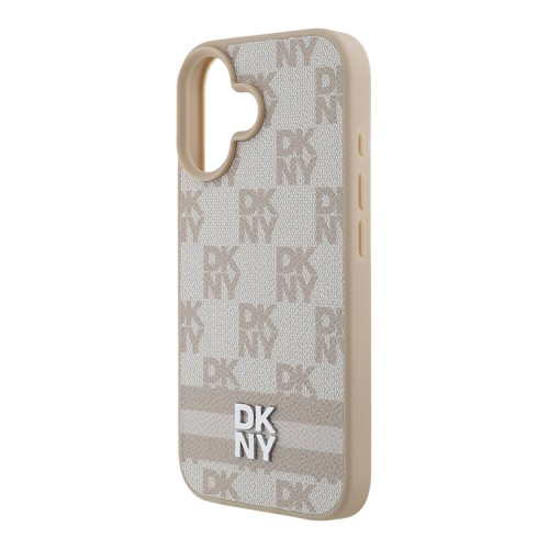 DKNY для iPhone 16 чехол PU Checkered Printed stripes Metal logo Hard Pink
